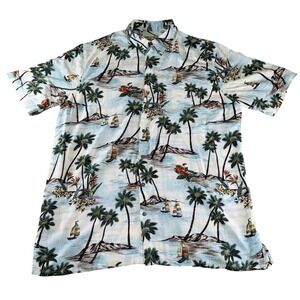 Batik Bay Shirt Mens XLT Blue Hawaiian Aloha Palm Tree Sailboat Rayon Button Up